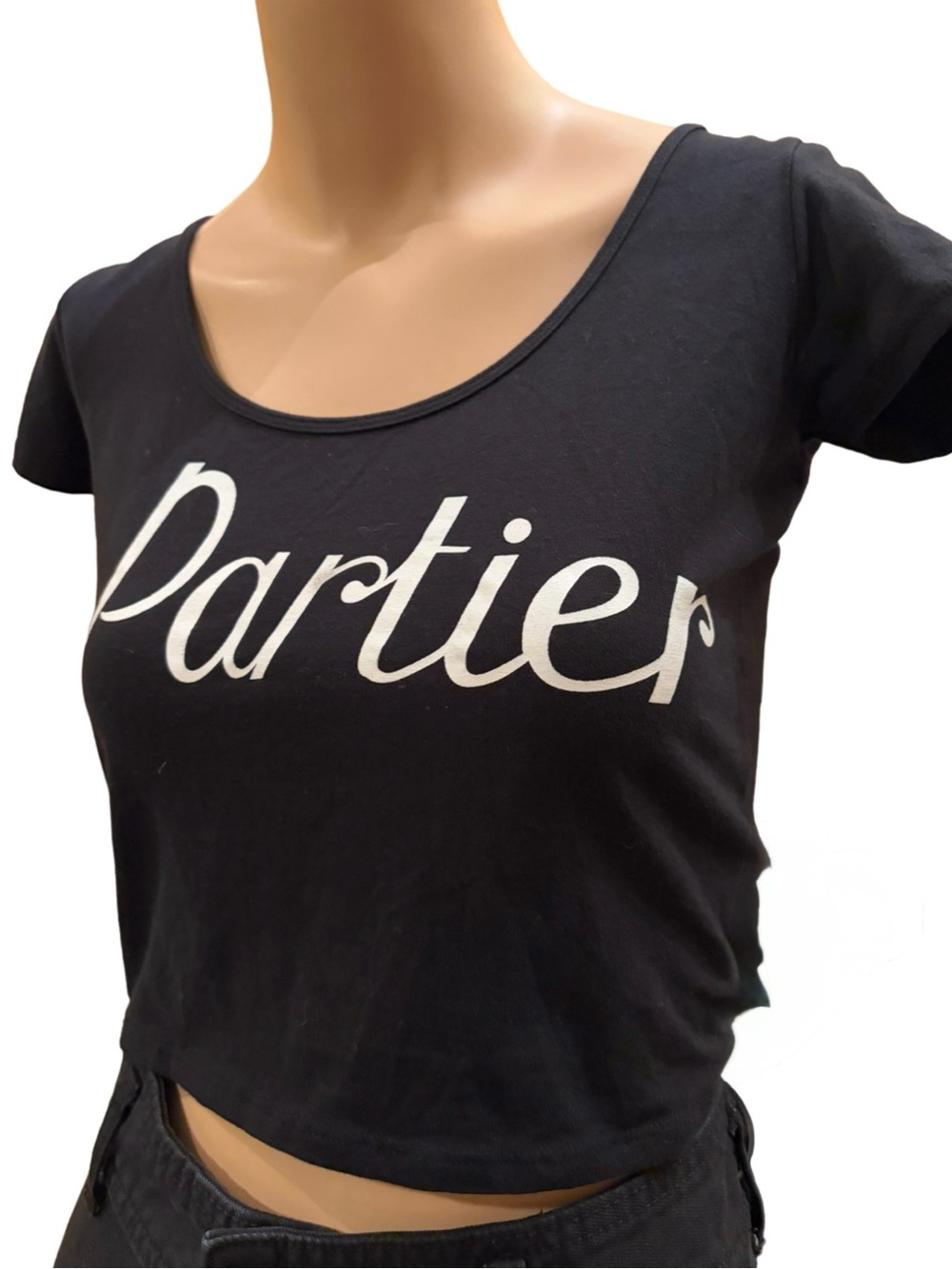 ‘Partier’ Black Crop Top Y2K Party Club Graphic Baby Tee Stretch - 15” ptp